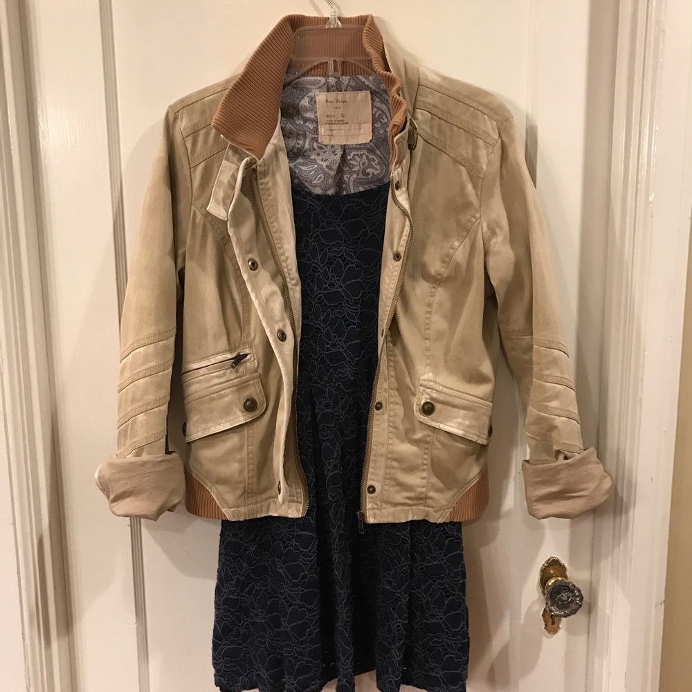 Free People Beige Utility Jacket with Ribbed Collar